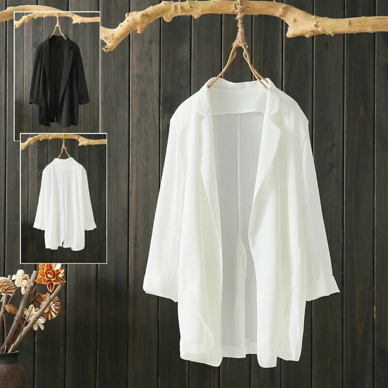Oversized Loose Chiffon Women Blazers Summer New 2022 Solid White Pocket Lightweight Office Lady Outwear Coats Tops
