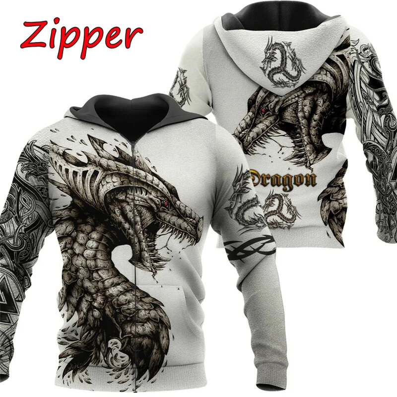 Moletom com capuz masculino com estampa Dragon 3D Tattoo, jaqueta casual, vestido de rua, pulôver com zíper, preto e branco, unissex, 2024