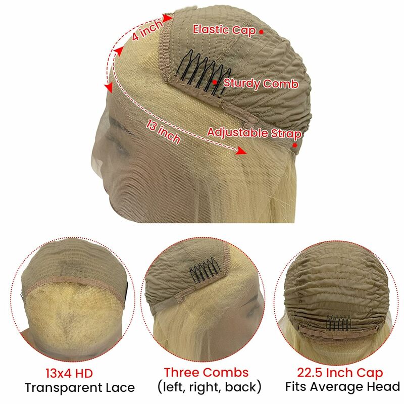 Peluca de cabello humano liso de 13x4, postizo de encaje Frontal Rubio 613 transparente, corte Bob 613, pelo brasileño de hueso, 13x4
