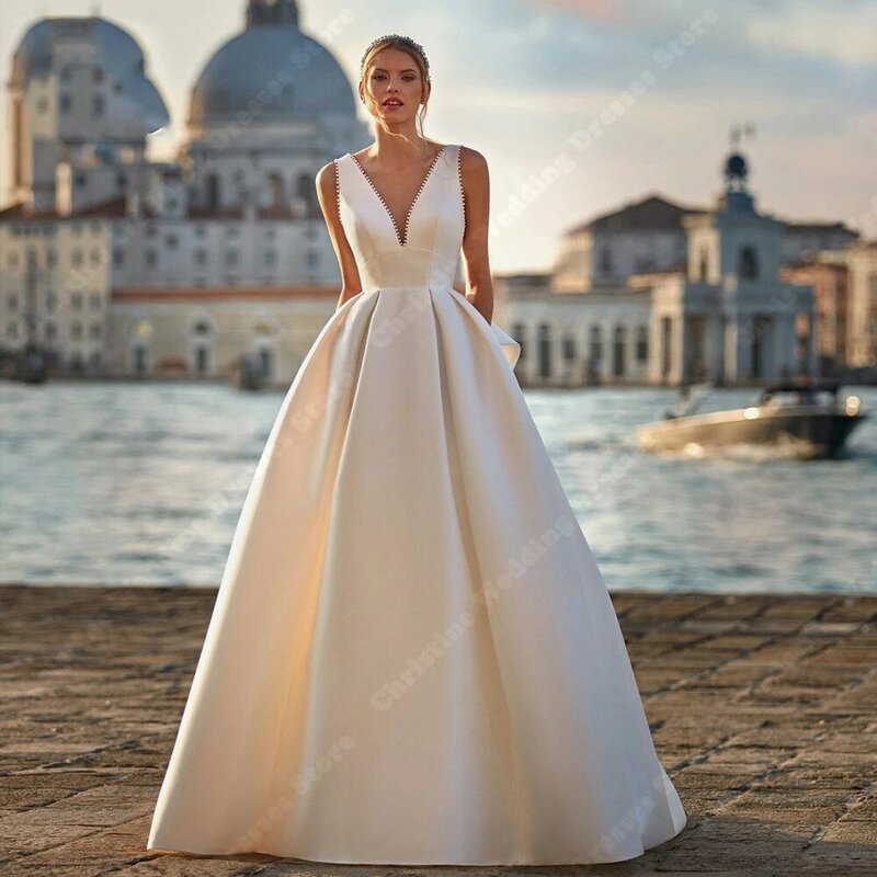 Elegantes vestidos de casamento de superfície acetinada para mulheres, vestidos nupciais A-Line, banquete princesa sexy, vestidos Bohemia