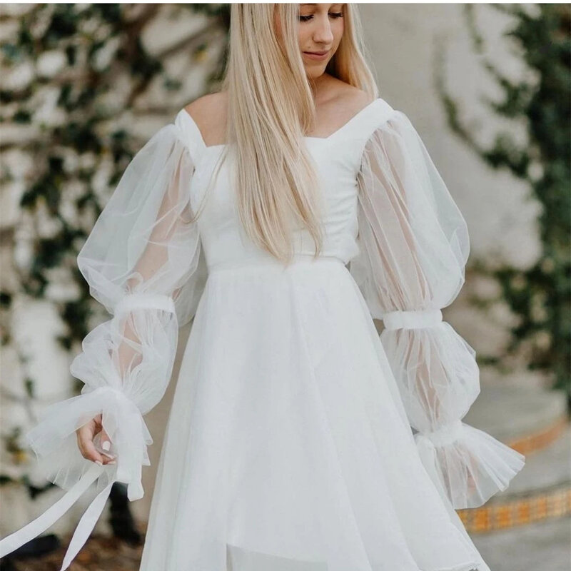 Simple Short Wedding Dress For Women Bride Square Collar Tulle Full Puff Sleeve Wedding Gown Backless With Ribbon Customize