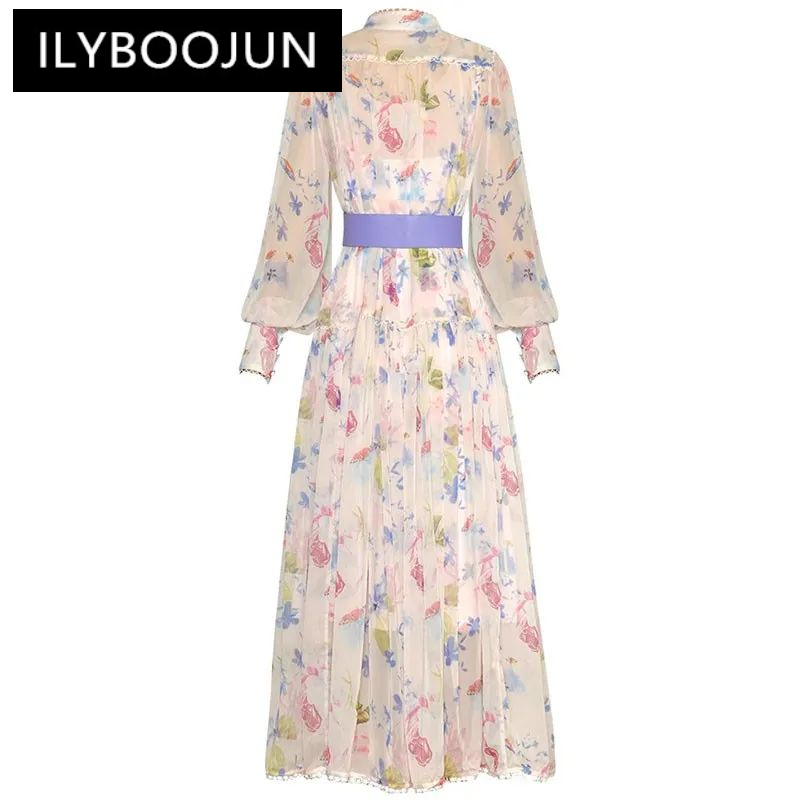 Ilyboojun-レディーススタンドアップカラーランタンスリーブドレス、シングルブレストベルト、ルーズプリントドレス、春、夏のファッションデザイナー