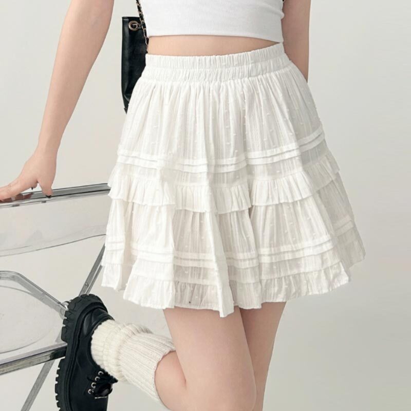 Rok pendek berkerut untuk wanita, rok pendek gaya balet putih motif Korea pinggang tinggi musim semi musim panas