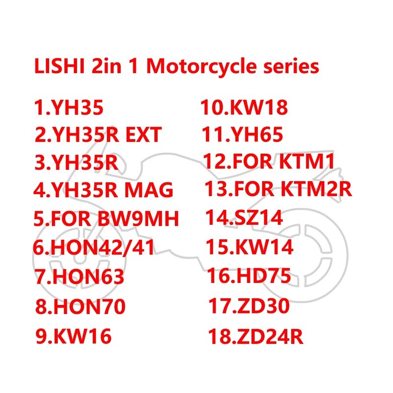 LISHI serie de motocicletas 2 en I, HON42/41, YH35r, BW9MH, HON63, HD75, HON70, k9, k5, nis14KW14, KW16, KW18, YH35R, YH65, KTM1, KYM2R