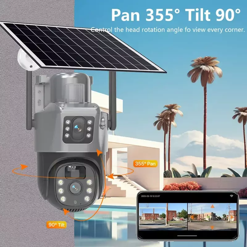 Zewnętrzny kamera z podwójnym obiektywem solarny 4K 8MP, bezprzewodowa kamera monitoringu solarny z kartą SIM 4G, wbudowana bateria bezpieczne i wodoodporne podwójne ekrany