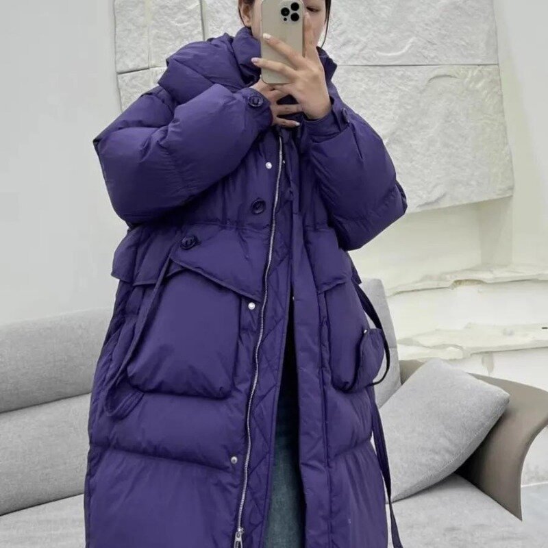 Winter New Down Coat Women Mid Length White Duck Down Windproof Hood Loose  Warm Lacing Solid Coat Parkas