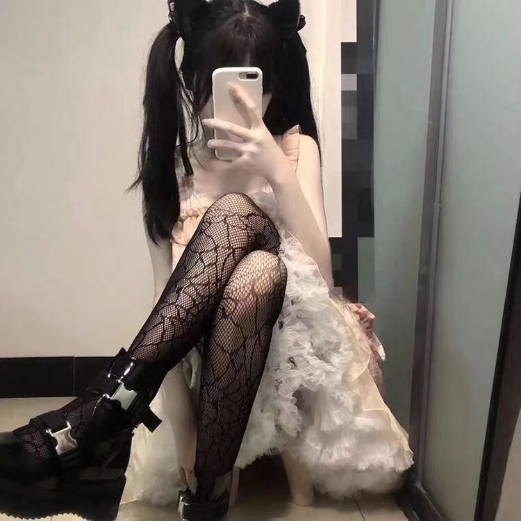Women Goth Punk Cute Black Mesh Tights Lolita Skull Pattern Fishnet  Jacquard Harajuku Stockings Pantygose Leggings Halloween