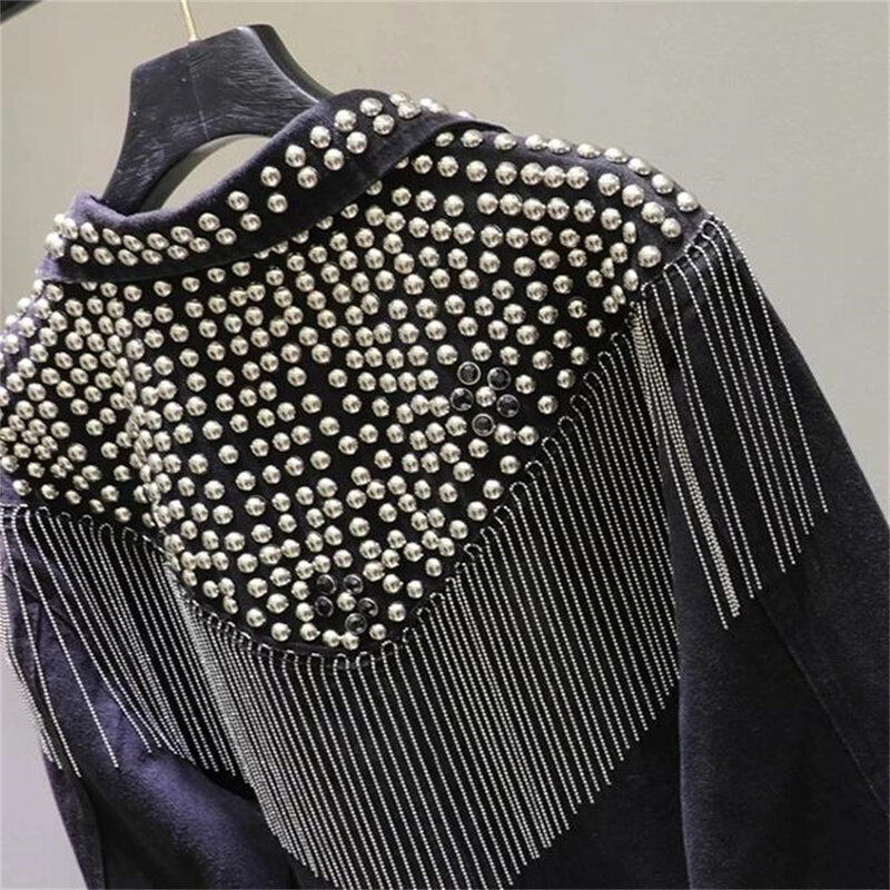 2024 Beaded Rivets Casual Outwear Tops Spring Black Denim jacket For Women Coats Long Sleeve Autumn Loose Fringe Jean Jackets