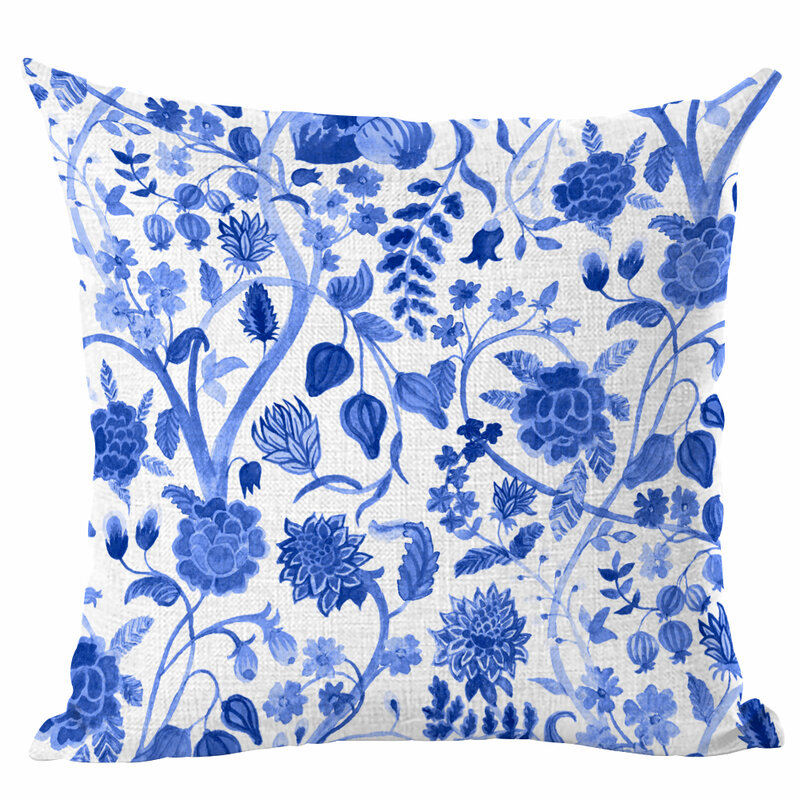 Housse de coussin en coton et lin, taie d'oreiller Vintage à fleurs bleues, de Style chinois, motif d'oiseau fille, pour décoration de maison, 45x45 CM