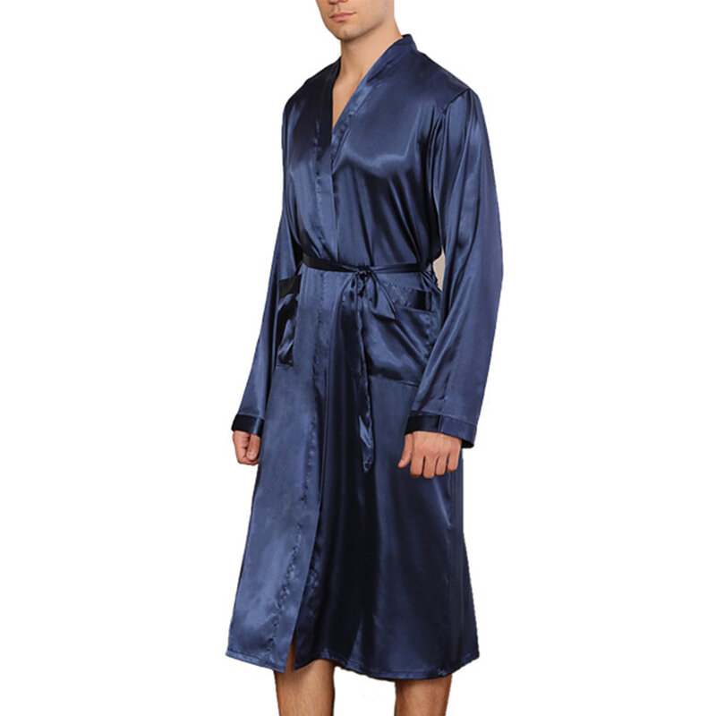 Męska długa imitacja jedwabiu piżama Kimono szlafrok szlafrok bielizna nocna jednokolorowa wygodna miękka