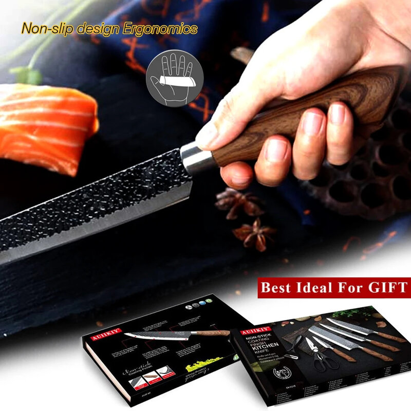6Pcs Kitchen Knives Set Hammer Pattern Stainless Steel Slicing Chef Meat Cleaver Sharp Fruit Knife Kitchen Vegetable Scissors