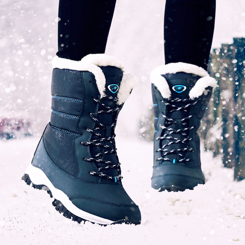 Botas de nieve impermeables para mujer, botines con plataforma y tacón grueso de piel, para invierno, 2022