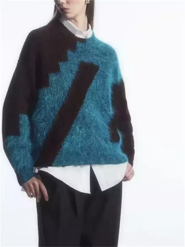 Maglione donna contrasto Jacquard 2024 nuovo maglione lavorato a maglia a maniche lunghe con scollo a o Casual