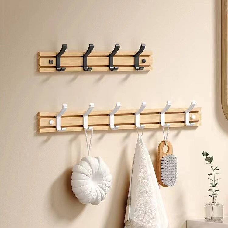 Bamboo Coat Rack with Movable Aluminum Hooks No Need to Drill Hat Clothing Hanger Wall-mounted Shelf for Bedroom Organization