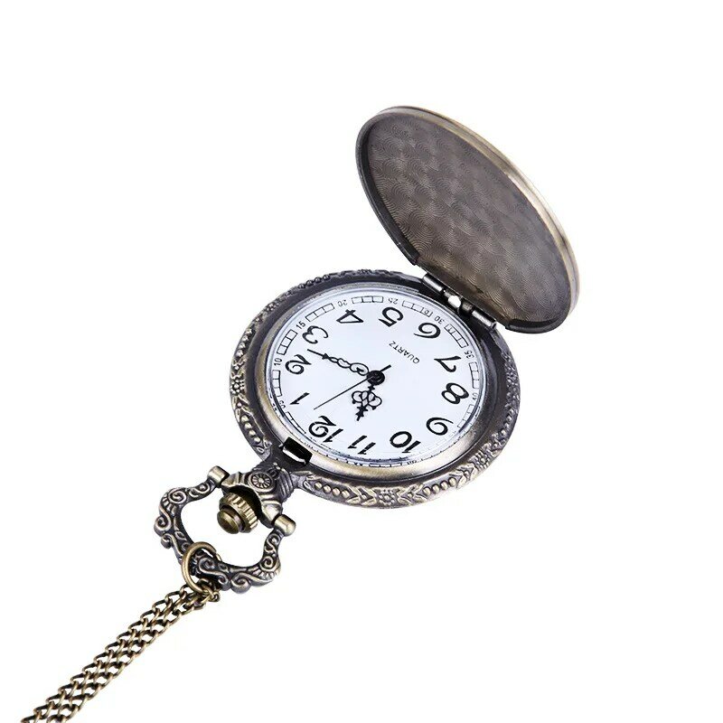Vintage Luxury Carving Case zegarek kieszonkowy kwarcowy dla kobiet mężczyzn prezent na łańcuszku Fob brązowy zegar w kształcie przekładni kolekcja prezenty zegarki męskie