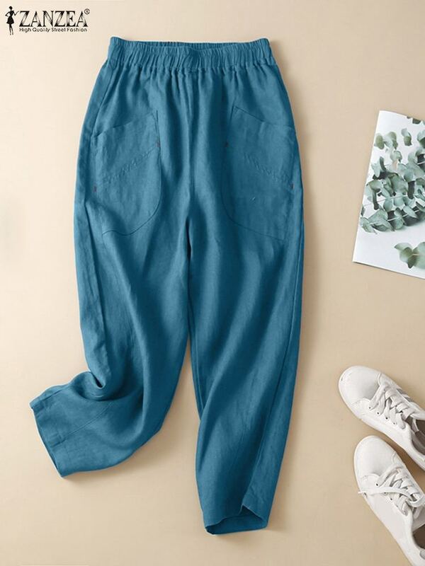 ZANZEA-Pantalones largos de pierna ancha para mujer, pantalón holgado de cintura elástica, Color sólido, ropa de calle de gran tamaño, 2024