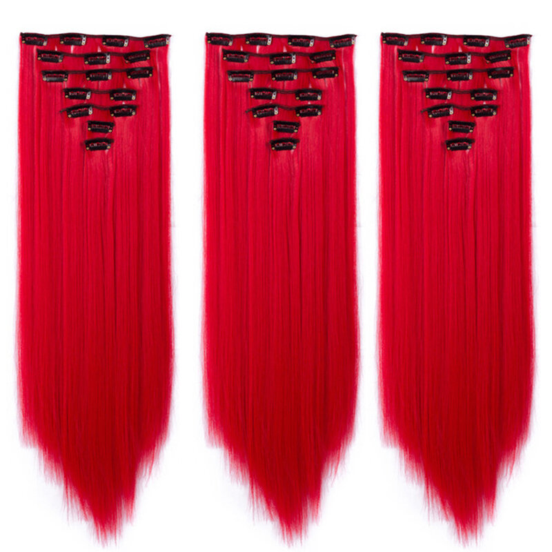 女性用ロングストレートヘアエクステンション,人工毛,22インチ,赤いヘアピース,ロング,7ピース/セット,16クリップ