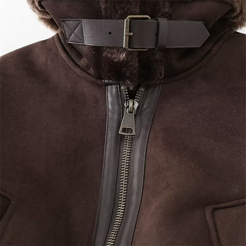 Keyanketian-女性用両面ファークロップドジャケット、ジッパー付き人工皮革、スエードクロップトップ、冬、新