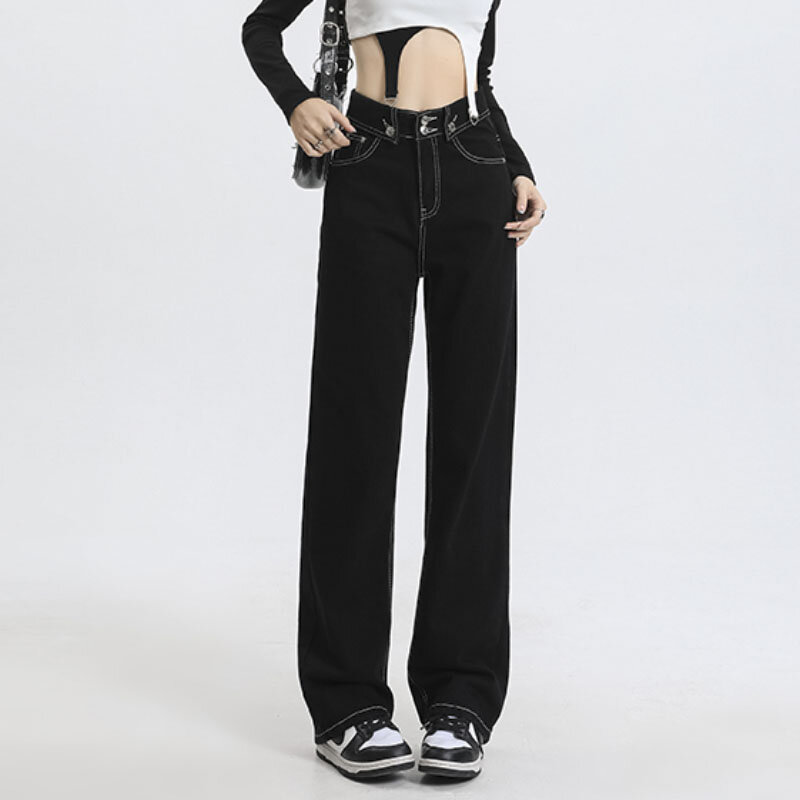 Jean Vintage Taille Haute pour Femme, Style Coréen, Baggy Chic et Décontracté, Couleur Unie, Automne