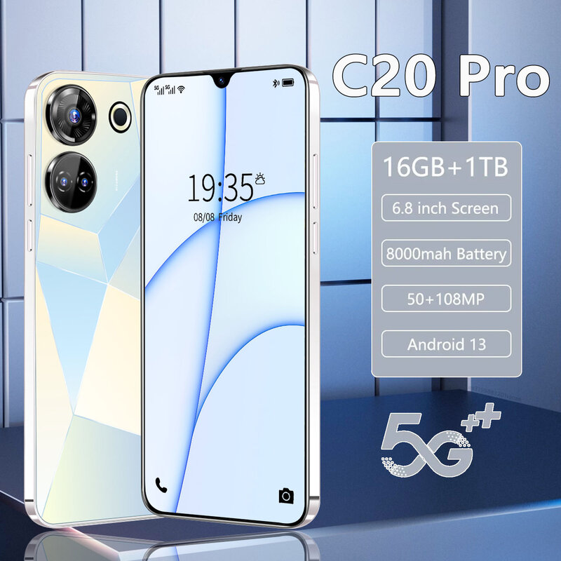 Celular Desbloqueado C20 PRO 5G, 7.3HD Screen, 16GB + 1TB, 8000mAh, 50MP + 108MP, Celular, Dual Sim, Face, Original, Global