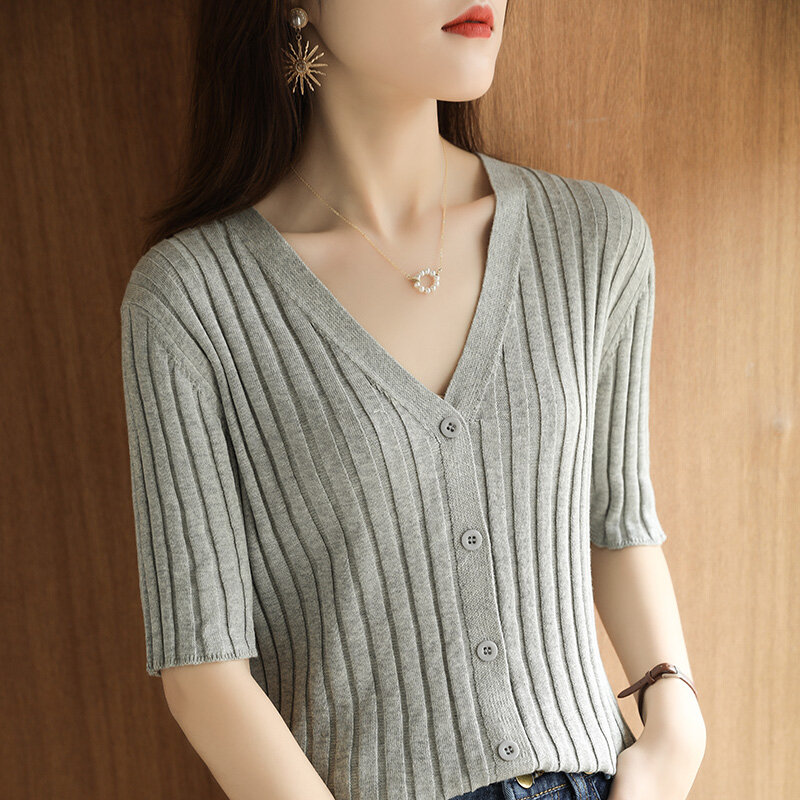 22 New Striped Cotton Knitted Cardigan Women's V-Neck Solid Color Spring Summer Short-Sleeved Slim Fit Tops All-Match Outer Wear