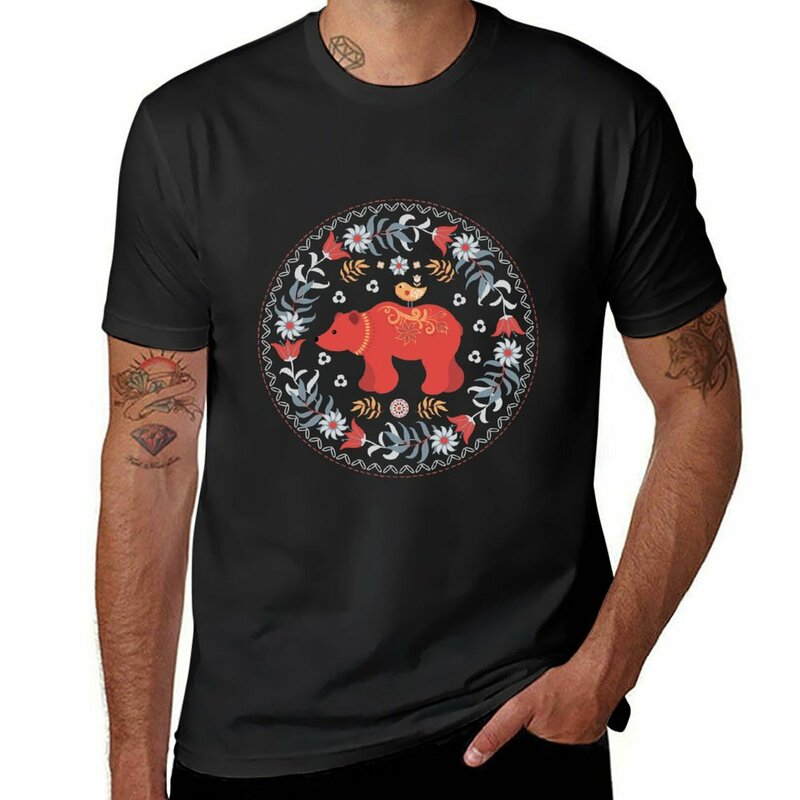 A Bear and a Little Chick. Scandinavian style. Folk Art. T-Shirt oversizeds boys animal print mens graphic t-shirts