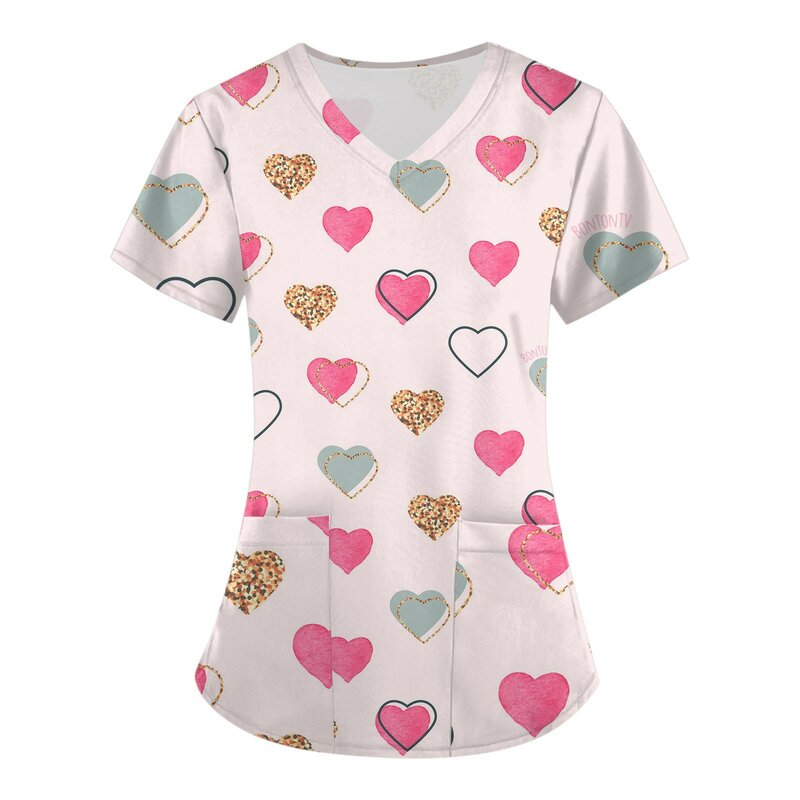 Bluzki z nadrukiem serca dla kobiet Pet pracujący strój pielęgniarki salonu kosmetycznego kliniczna odzież robocza z dekoltem bawełniany kostium walentynkowy