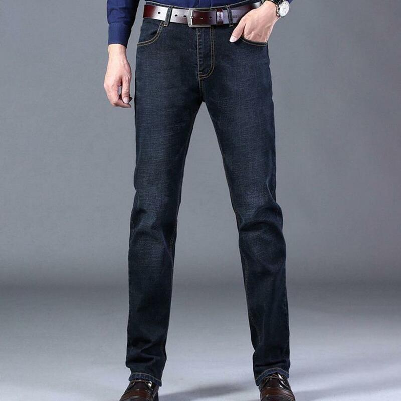 Celana panjang Jeans panjang pria, pakaian Denim jahitan kuat warna polos musim panas