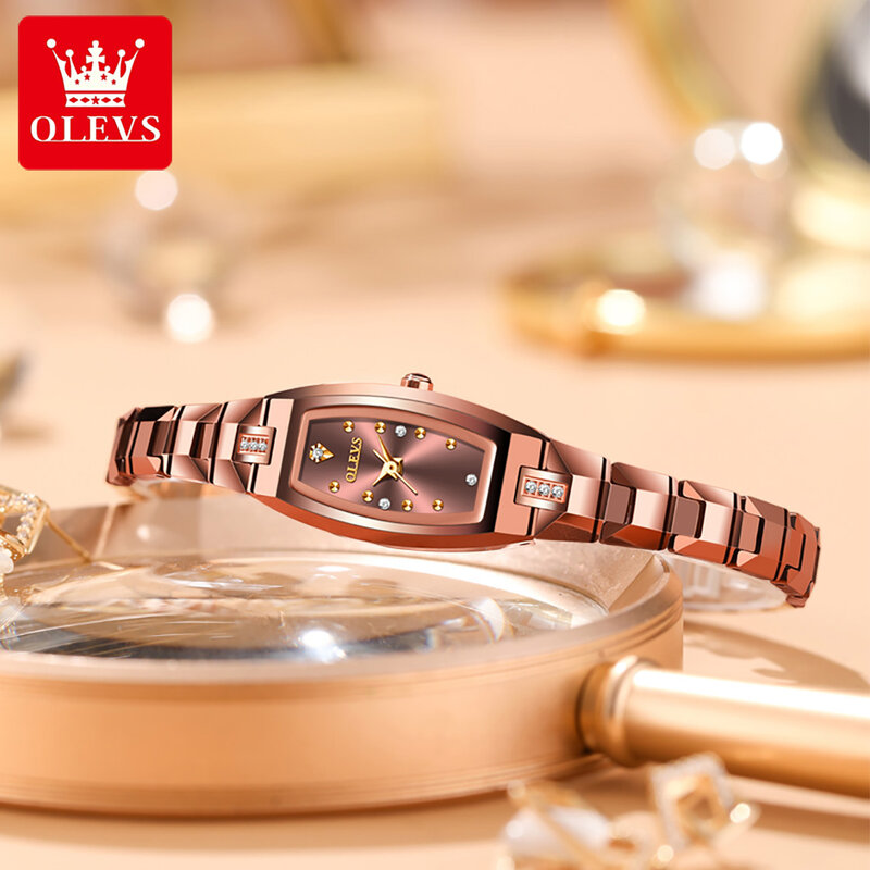 Olevs-女性のための高級時計,タングステン鋼のクォーツ時計,耐水性,ファッショナブル,ピンクゴールド,ブランド