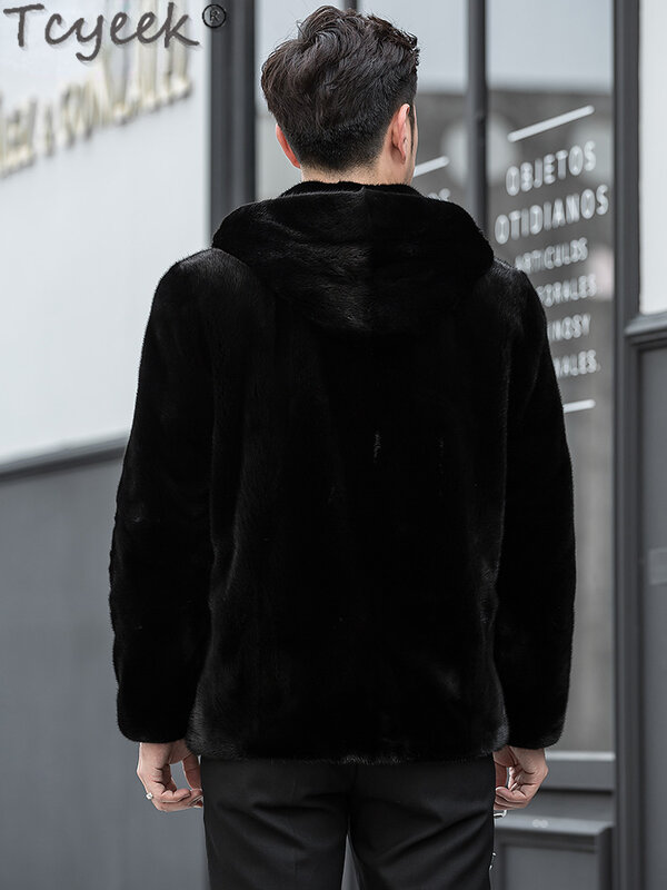 Cyceek-男性用ファーコート,暖かい冬の高品質の毛皮のコート,ファッショナブルなフード付きの本物の毛皮のジャケット,ルーズフィット