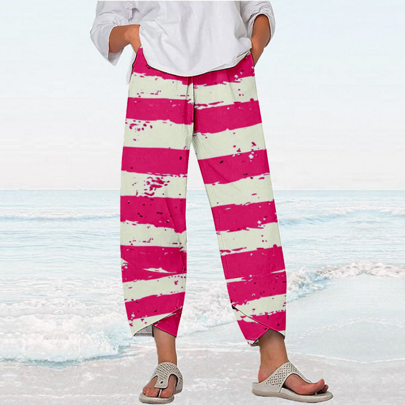 Letnie spodnie w paski graficzne ubrania Y2k Streetwear damskie spodnie plażowe luźne Capri biegaczy eleganckie spodnie dresowe Pantalones Mujer