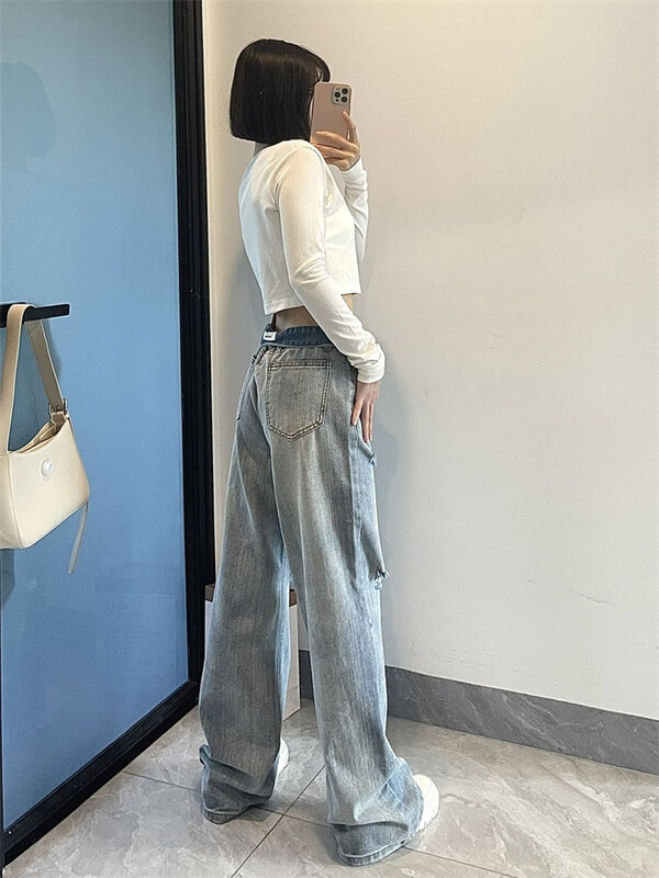 Women's Washed Hole Straight Light Blue Denim Young Girl Street Style Baggy Bottoms Vintage Casual Trousers Female Thin Pants