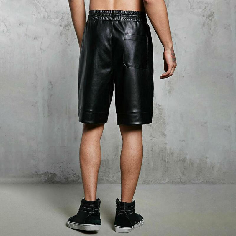 Wide Leg Shorts Men's Faux Leather Drawstring Shorts with Pockets Wide Leg Streetwear Summer Shorts for Men Elastic Waist Solid