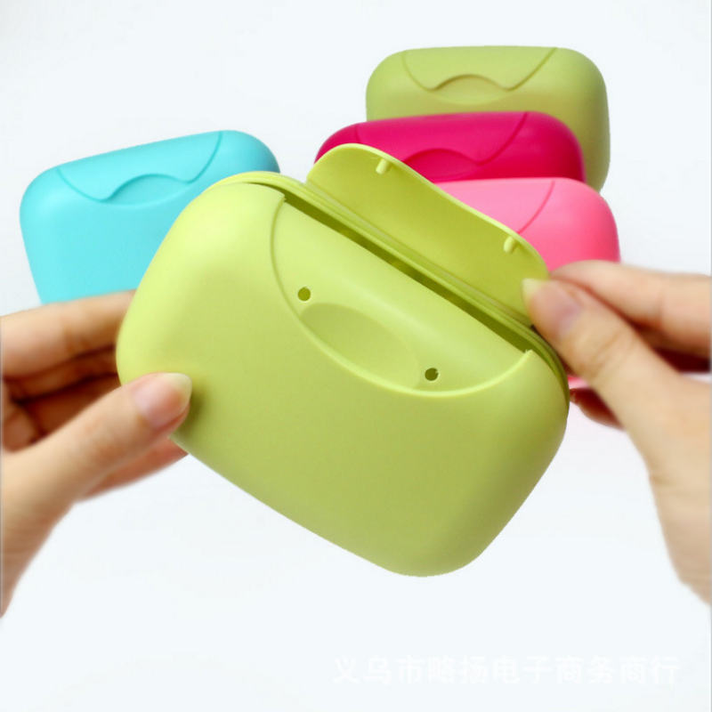 Kotak sabun cuci piring portabel, 1 buah wadah sabun mandi Acc bepergian rumah kotak sabun plastik dengan penutup ukuran kecil/besar warna permen