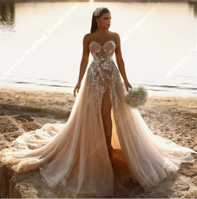 Glamorous Sweetheart Collar Wedding Dresses Lace Appliques Puff Sleeveless Custom Made Robe High Fork Princess Vestidos De Noche