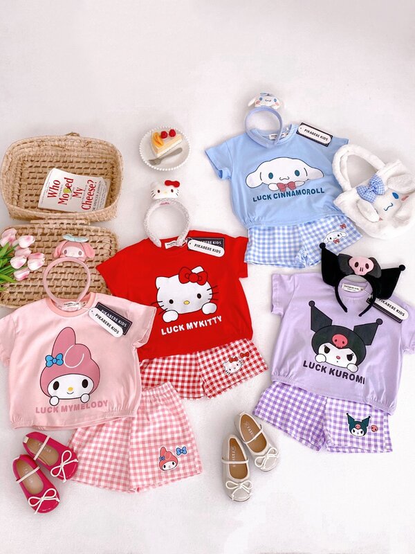 Pyjama d'été Kawaii Sanurgente pour enfants, ensemble de vêtements pour filles, chemise de nuit Anime, pantalon trempé, Kuromi, Cinnamoroll, Hello Kitty, My Melody