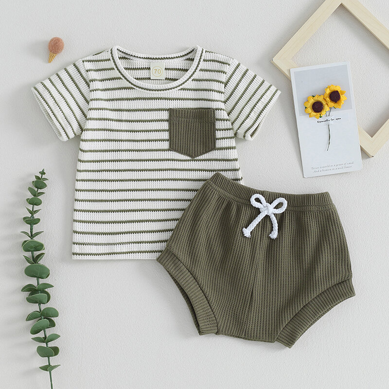 Säugling Junge Mädchen Sommer Outfit gestreiften Druck Kurzarm T-Shirt Shorts Kleidung Set Waffel Baby Shorts Set