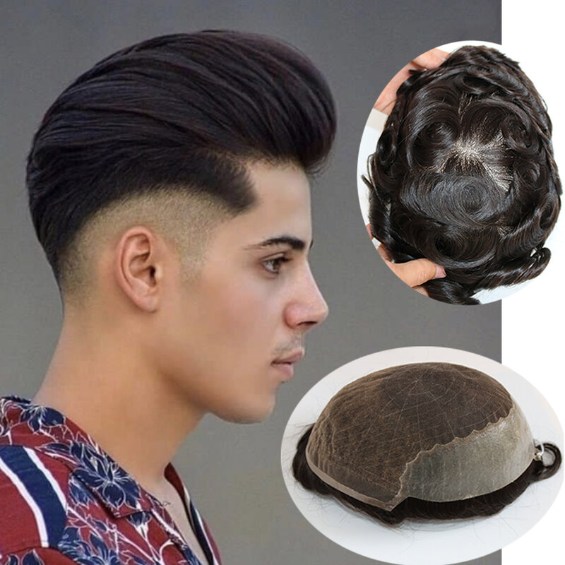 Best Top Quality Q6 Swiss Lace&PU Around 100% Human Hair Men Toupee Breathable Lace Front Man Hairpieces Undetectable Ultra