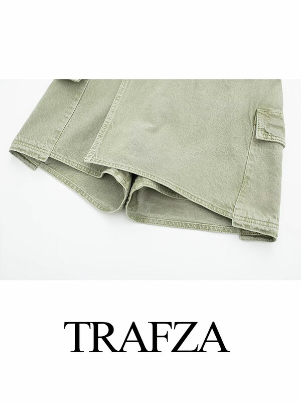 TRAFZA 2024 Spring Female Elegant Wrap Style Culottes Green Denim A-Line Slim Mid Waist Casual Chic Pantskirt Versatile Shorts