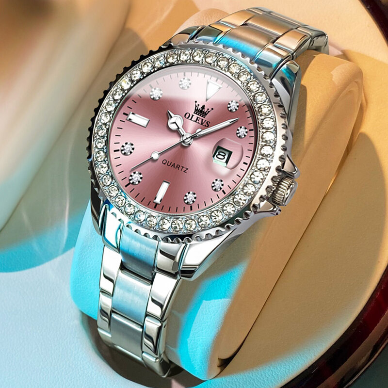 Olevs-高級クォーツ時計,シルバー,ラインストーンとステンレススチールダイヤル,発光ダイヤル,ピンクの時計