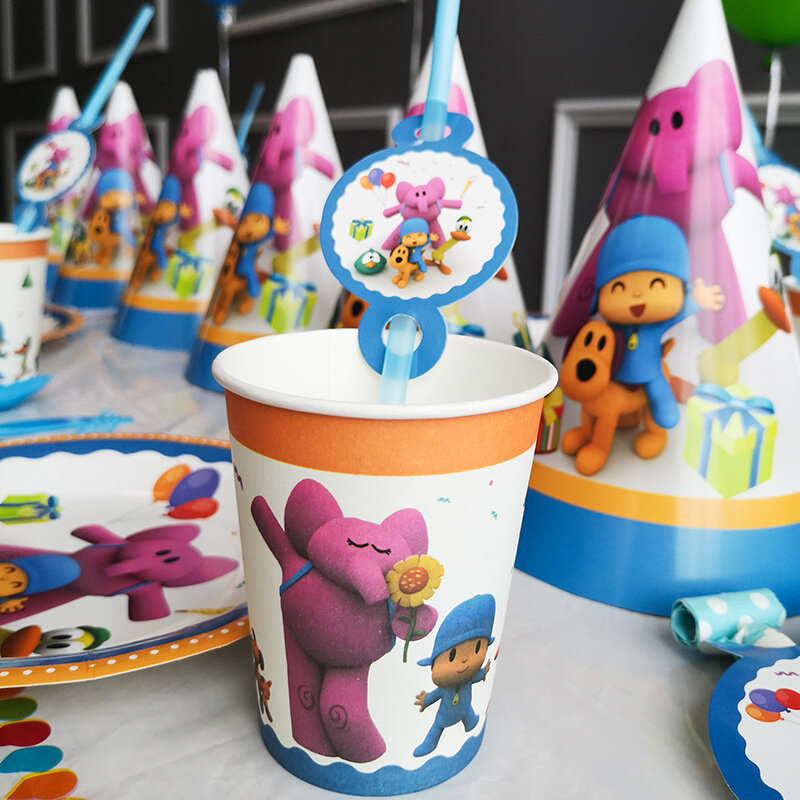Pocoyoed حفلة عيد ميلاد الديكور المتاح المائدة بالون كأس لوحة هدية حقيبة منديل Tablecloth راية للأطفال استحمام الطفل