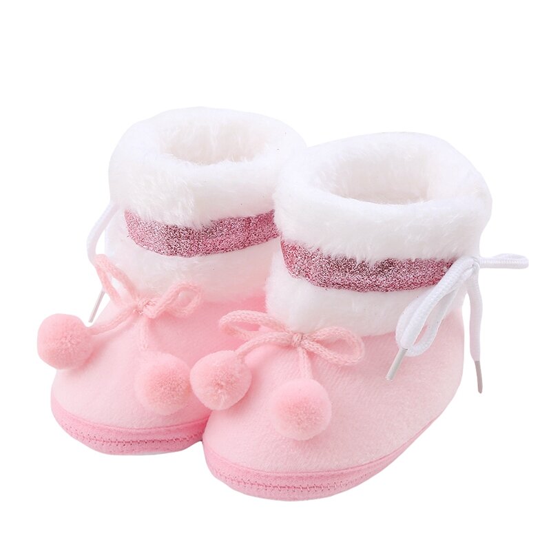 Baby Plush Boots Infant Girls Boys Bobbles Bow Non-Slip Soft Sole First Walker Winter Warm Crib Shoes