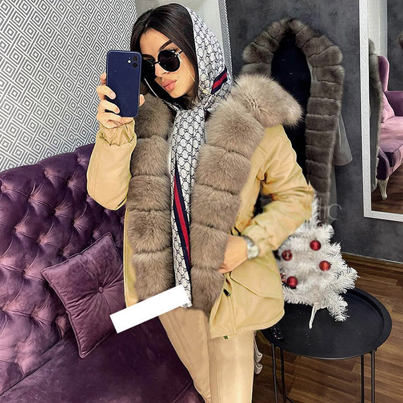 Maomaokong novo inverno mulheres parkas pele de raposa natural bege casaco de couro feminino quente jaqueta curta bombardeiro grosso falso forro roupas