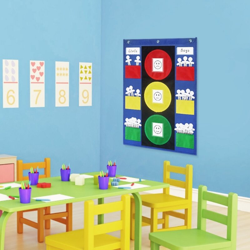 J6PA Bolsillo para tabla comportamiento niños con 5 tarjetas en blanco, 30 palitos para escribir para alumnos