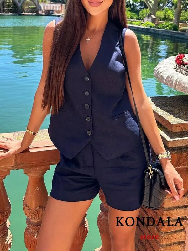 KONDALA Casual Linen Women Suits 2 Pieces V Neck Buttons Vest Blazer+High Waist Wide Leg Shorts Fashion 2024 Summer Vintage Sets