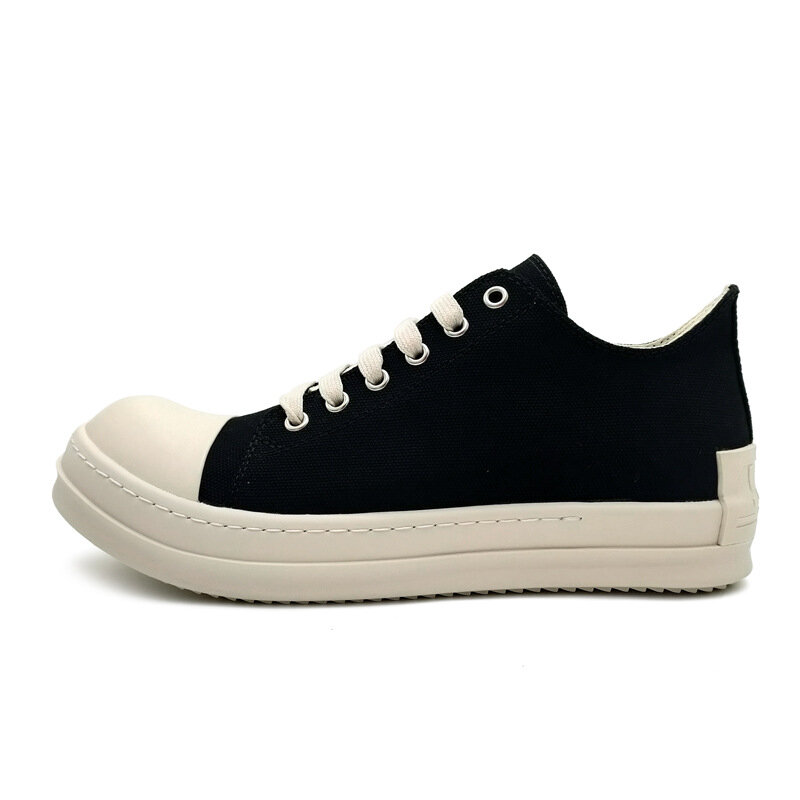 RICK Retro Thick Sole Round Toe Low Top Canvas Shoes for Couples Unisex Black and White Casual Sneakers