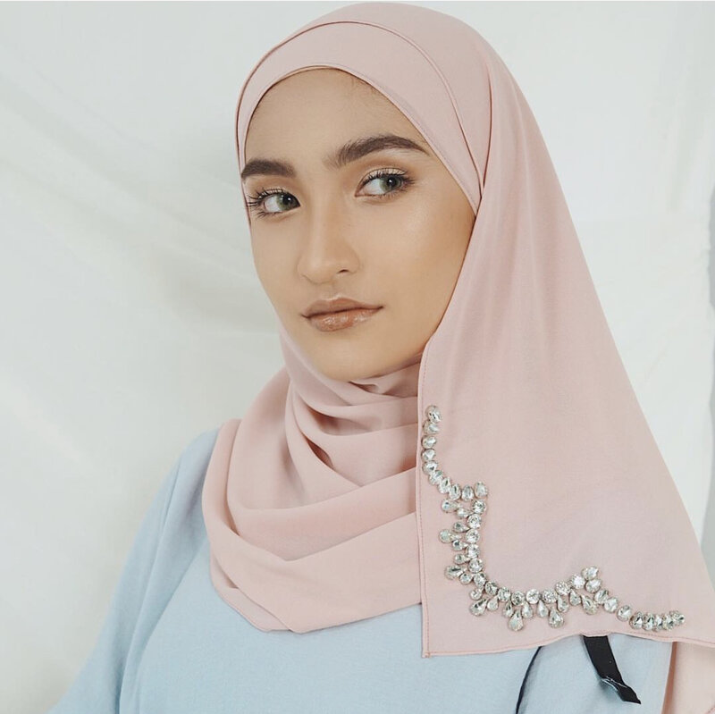 Neue Luxus muslimische Chiffon Hijabs mit Strass Kristall Glitter Schal Schals große Kopftuch Kopf tragen Foulard Stirnband Bufandas