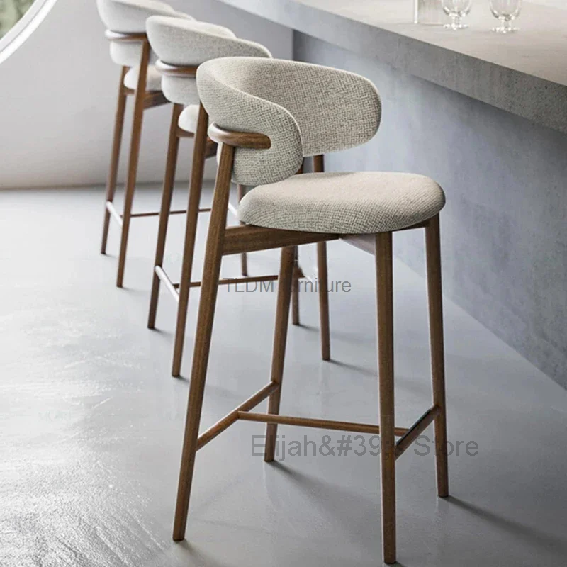 Nordic Light Luxury Solid Wood Bar Chairs Modern Home Kitchen High Bar Stools Designer Fabric Backrest Stools for Bar Furniture