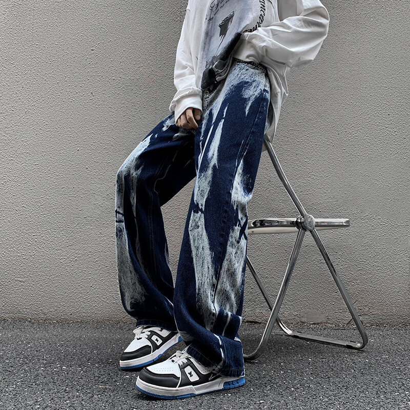 メンズワイドレッグバギージーンズ、韓国のグラフィックストリートウェア、y2kデニム服