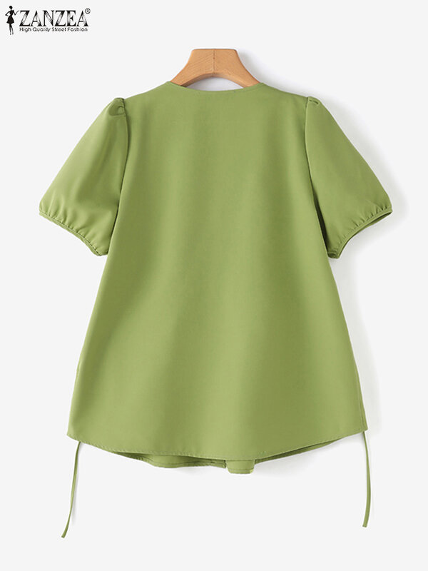 ZANZEA-Blusa de manga curta para mulheres, tops elegantes de túnica, camisas com babados, botão, trajeto elegante, monocromática, verão, 2022